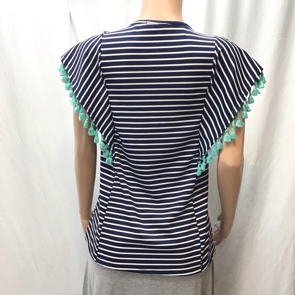 Twenty Second Boho Blue Striped Short Tassel Sleeve Top Size Medium - Picture 5 of 7